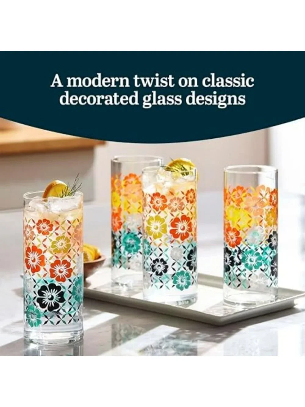 Colorful Vintage Flower Drinking Glasses Set of 4 | Retro Floral Design Cups